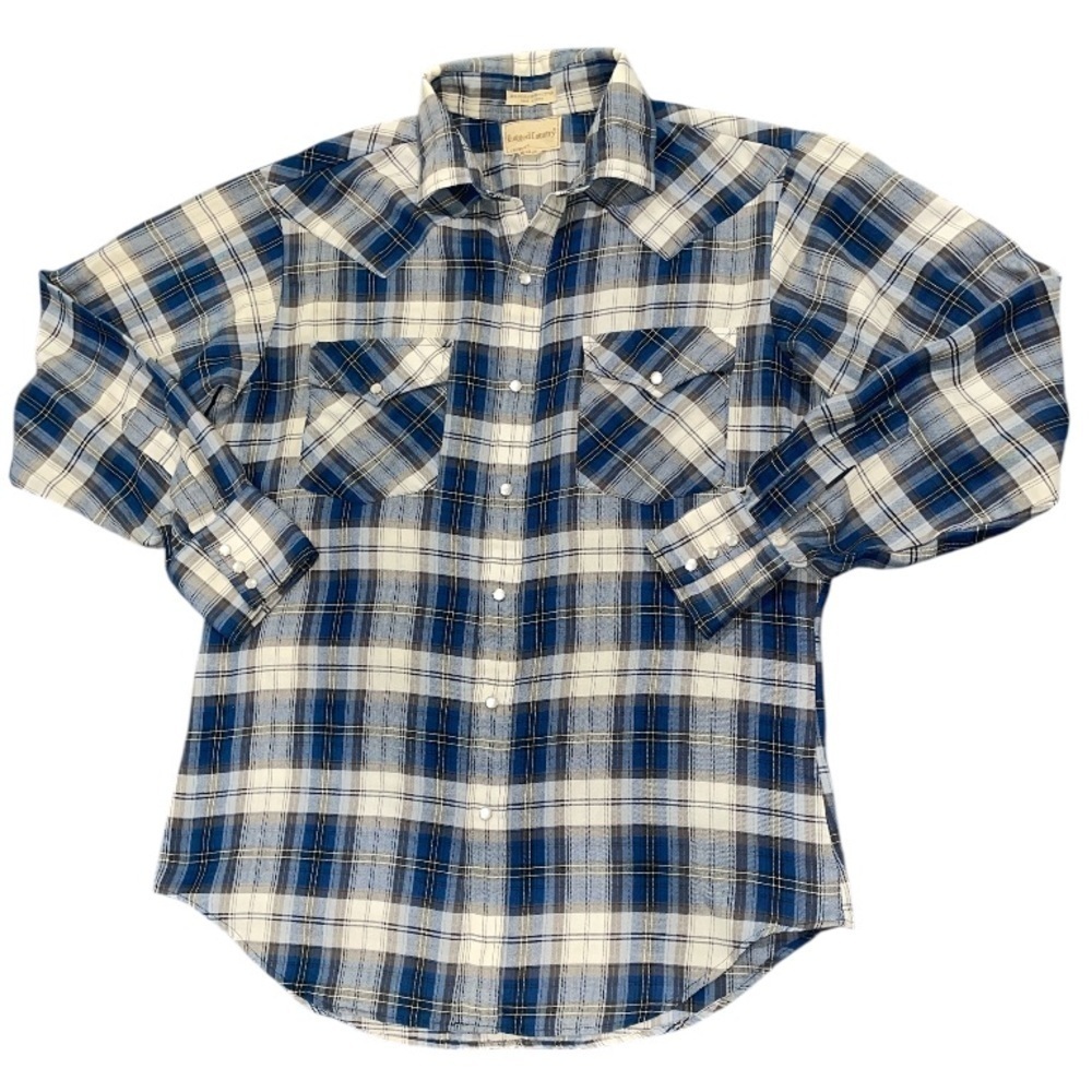 Rugged Country Men's  Blue and White Pearl Snap Plaid Shirt Size Medium